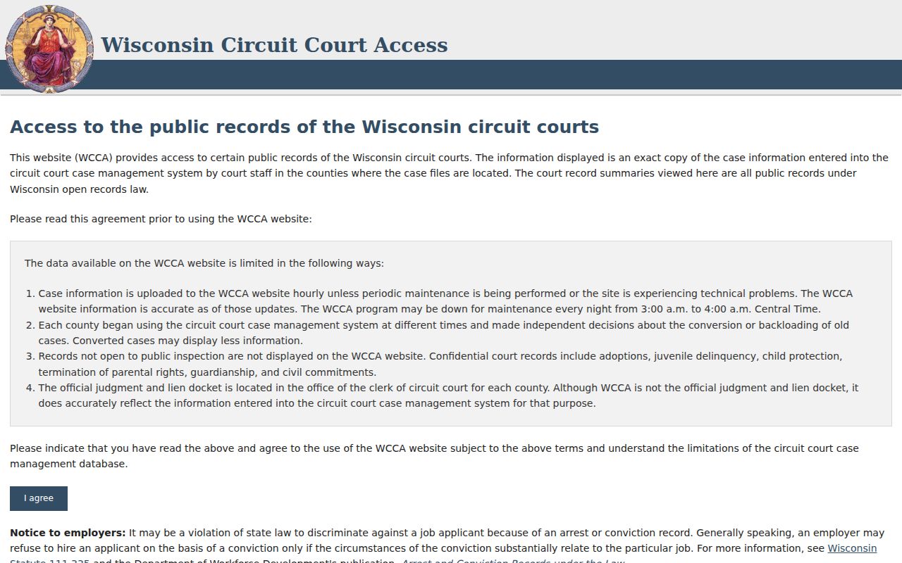 Richland County docket search blank WCCA public search page
