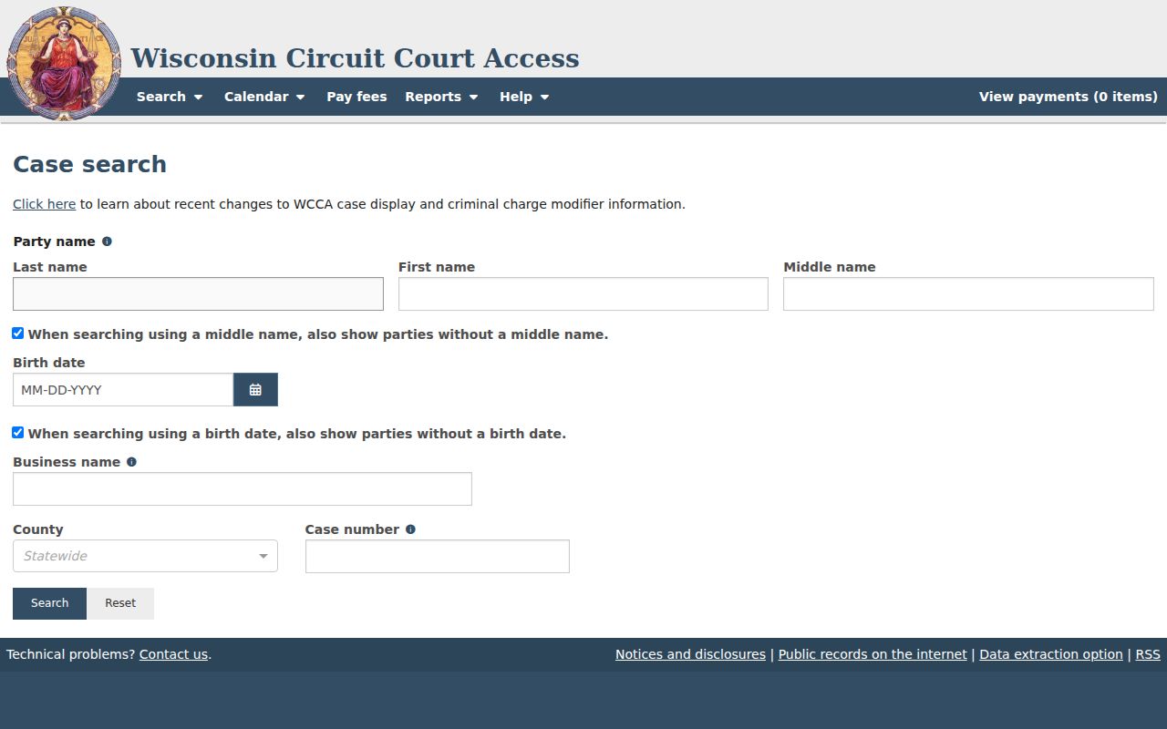 Richland County docket search fields in WCCA