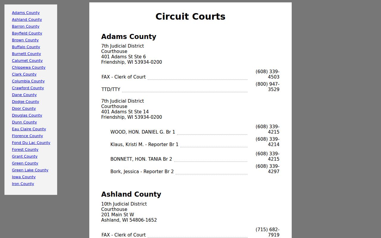 Richland County court docket records in the Wisconsin Circuit Court District 7 directory