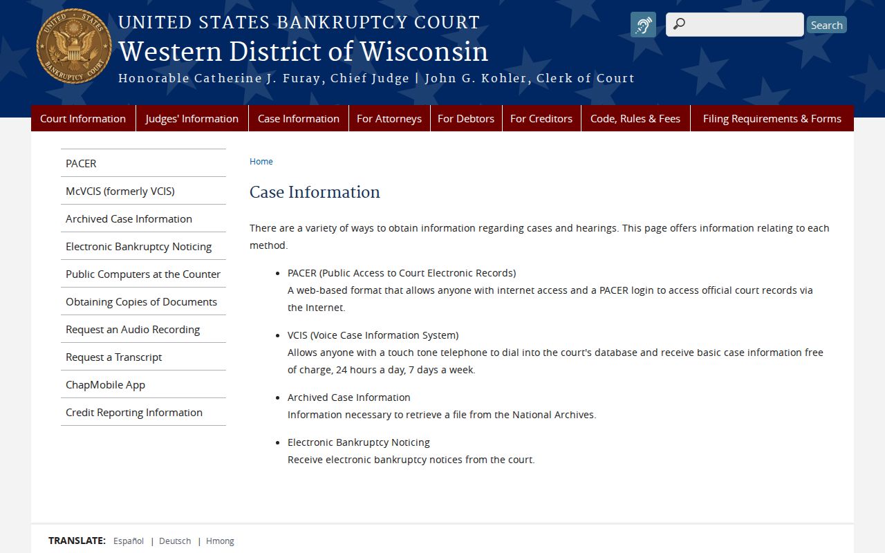 Richland County bankruptcy court docket records showing MCVCIS and case information routes